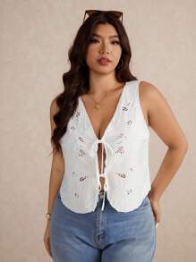 Elaquor Plus Size Women Embroidered V-Neck Cardigan Cami Tank Top, Casual Versatile Vacation Wear,Going Out Tops - White - View 3