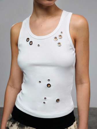 TypaGal 女式纯色锁孔装饰休闲圆领背心