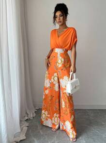 Elenzga Women's V-Neck Loose Pleated Cinched Waist Printed Wide Leg Jumpsuit - Orange - View 6