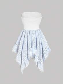 SHEIN MOD Women's White Striped Ruffle Bandeau, Can Be Used As A Skirt Overlay