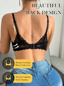 Seductive Half-Cup Lace Trim Padded Push-Up Bra For Women, Black - Black - View 2