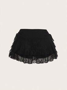 SHEIN MOD Women's Casual Drawstring Waist Bowknot Ruffle Lace Fabric Double Layer Skirt, Suitable For Daily Wear Chic Dress