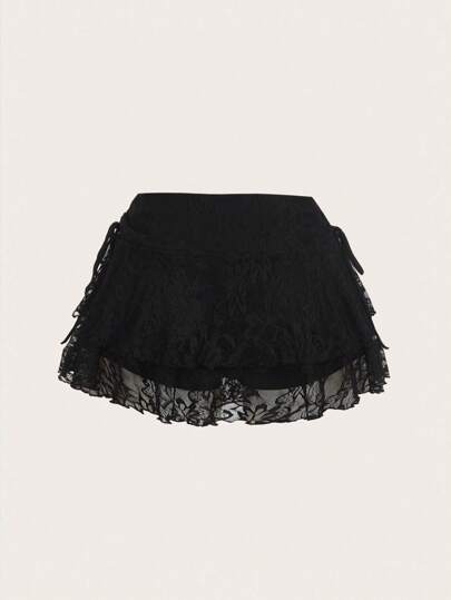 SHEIN MOD Váy ren hai lớp thắt nơ thắt eo rút dây thường ngày cho nữ, thích hợp mặc hàng ngày