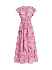 Ellevyn 女士优雅粉色印花网纱连衣裙，适合度假、下午茶、外出、约会、上学、音乐会、教师节等场合，也可作为夏季连衣裙、婚礼宾客礼服、度假装、粉色连衣裙、生日装等。 - 彩色 - 查看 4