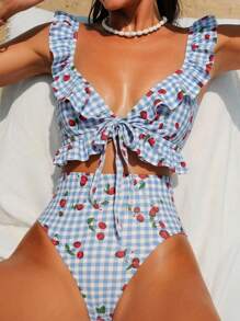 Swim Mod Summer Vacation Sexy Random Print Ruffled Hollow Backless One-Piece Swimsuit For Women