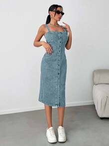 EURMUSE Slant Pocket Button Front Overall Denim Midi Dress - Baby Blue - View 4