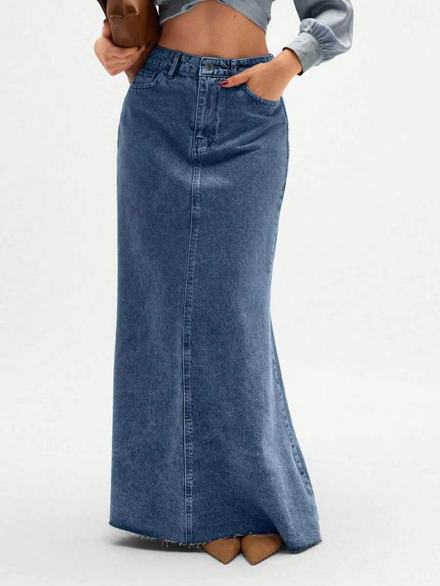 SHEIN Tall Women's High Waist Pockets Frayed Hem Extra Long Casual Denim Midi Skirt - Teal Blue - View 1