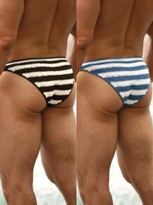 Manfinity Swimmode Men's Vacation Beach Contrast Striped Swim Trunks - Multicolor - View 2
