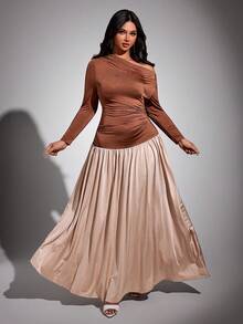 Viva Relle Elegant Shoulder-Cutout Patchwork Fitted Plus Size Dress - Apricot - View 4