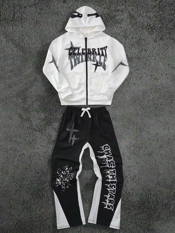 Conjunto com 2 moletons e calças boca de sino com estampa de grafite, casual, esportivo, universitário, de rua, para meninos, adequado para roupas infantis, roupas para meninos pequenos, volta às aulas, conjunto para meninos, adequado para festas de aniversário, festas noturnas, apresentações, casamentos, batizados, cerimônias de abertura, uso diário, adequado para uso diário, adequado para a escola, adequado para viagens, adequado para esportes, adequado para as estações da primavera, outono e inverno.