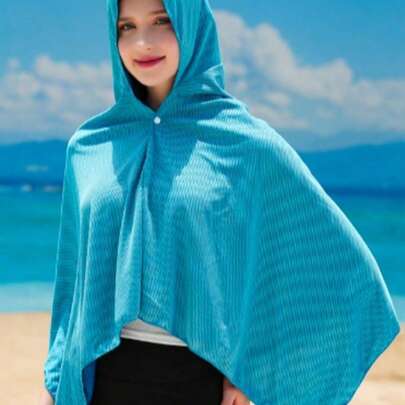 1件带帽清凉披肩，超强吸收，速干，超细双色竹炭纤维，适用于户外运动防晒、沙滩、健身、徒步等长时间防晒的披肩、斗篷。现代科技纺织品，双色编织，100%涤纶，清凉沙滩巾，适合炎热天气。旅行必备，旅行配件，沙滩必备