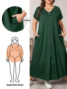SHEIN Essnce 大码女装春夏时尚休闲宽松舒适日常短袖黑色V领口袋长裙，女装夏季服装，女装教堂服装，老钱风格女装，女装教师服装，女装机场服装 - 墨綠色 - 查看 1