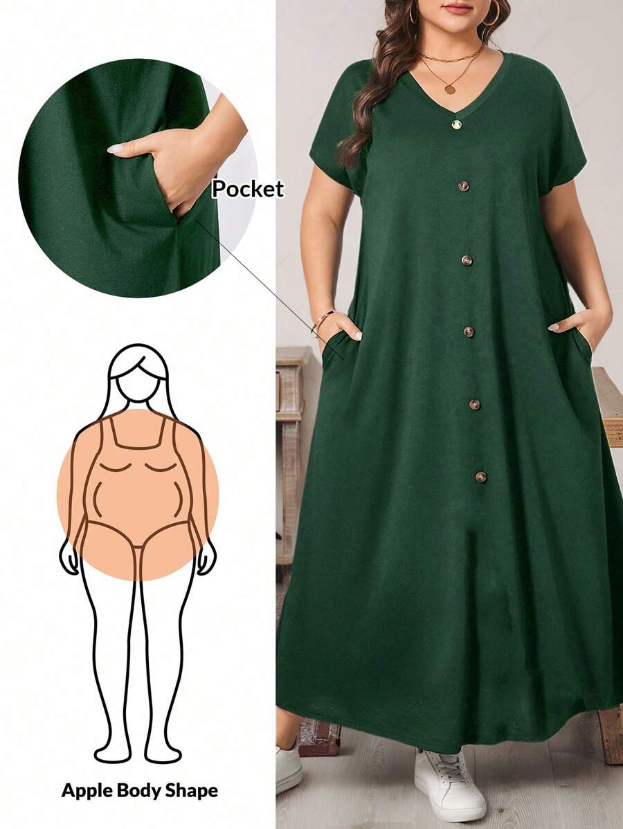 SHEIN Essnce 大码女装春夏时尚休闲宽松舒适日常短袖黑色V领口袋长裙，女装夏季服装，女装教堂服装，老钱风格女装，女装教师服装，女装机场服装 - 墨綠色 - 查看 1