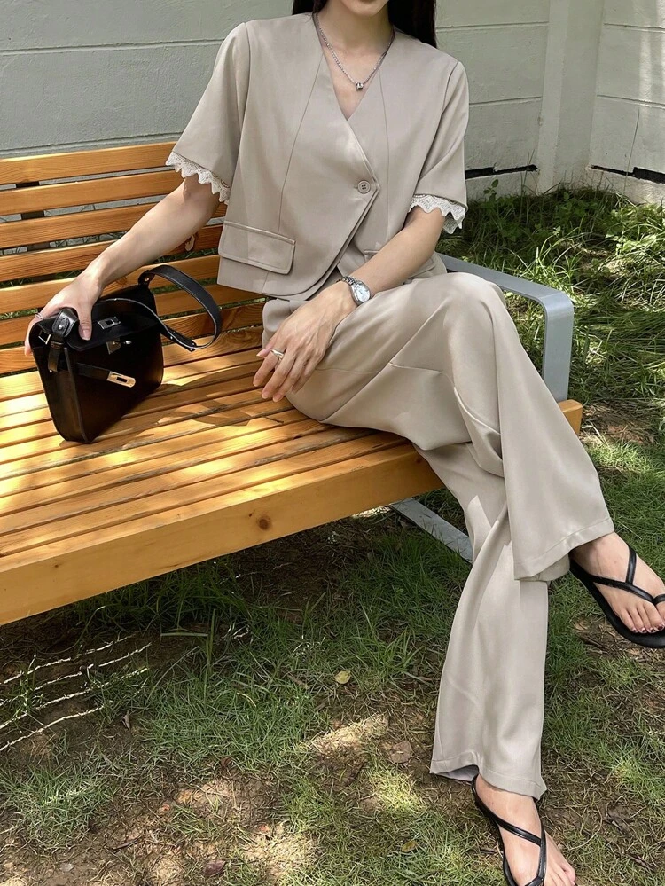 2pcs Women Summer Casual Lace Splice Short Sleeve V-Neck Jacket Top & Wide Leg Pants Set Business Attire