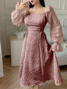Feyla Women's Solid Color Square Neck Ruffle Hem Long Sleeve Dress Long Evening Dresses Rose Dress Pink Dress Summer Dress - Pink - View 7