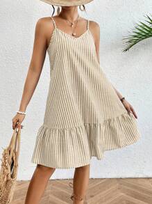 Breezaya 女式条纹荷叶边下摆无袖夏季连衣裙 - 卡其色 - 查看 5