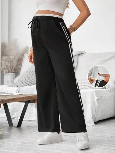 SHEIN Solid Color Patchwork Casual Long Maternity Pants With Drawstring And Ruffle Hem