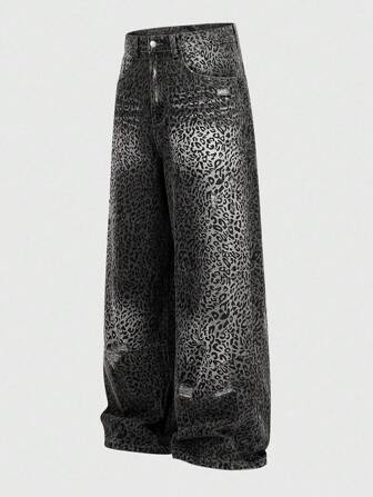 Grunge Punk Jeans casual, con fit ampio, con strappi, con stampa leopardata e tasche, per uomo