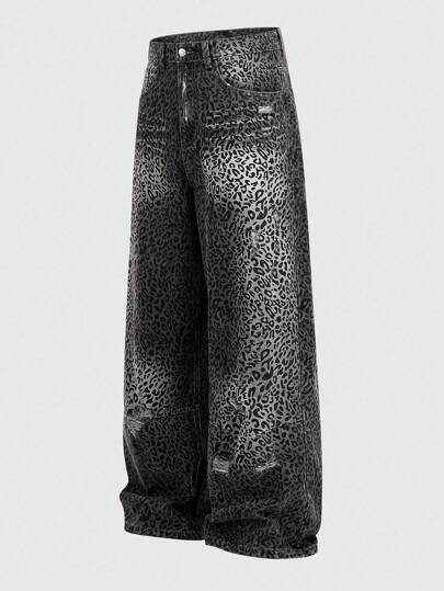 Grunge Punk Men's Leopard Print Pocket Ripped Loose Fit Casual Jeans