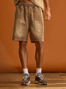 Musero 条纹弹力腰带水洗牛仔短裤，春夏假日休闲装 - 棕色 - 查看 4