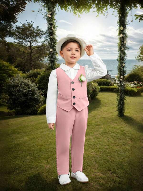 SHEIN 2pcs Young Boy Gentleman Set, Includes Vest & Suit Pants Formal Outfit, Elegant Attire For Birthday Party, Anniversary, Wedding, Christening, Graduation