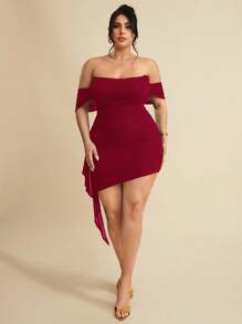 SHEIN BAE 大码女式黑色褶皱下摆荷叶边系带腰部网眼针织露肩弹力休闲迷你连衣裙，适合日常穿着、郊游、约会、下午茶、度假、春夏季、返校季，女士正装 - 酒紅色 - 查看 6