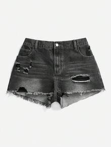 SHEIN MOD Plus Size Casual Street Style Everyday Denim Shorts, Summer - Black - View 3