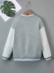 青少年女孩拼色纽扣时尚长袖夹克 - 灰色 - 查看 2