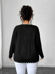 SHEIN Elenzya Plus Size Elegant Black Knit Pullover Contrast White Trim Long Sleeve Sweater, Chic For Work And Casual Wear Knit Pullover Fall Winter - Black - View 2