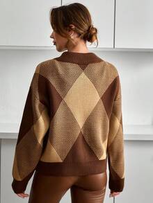 Casual Polo Neck Checkerd Diamond Pattern Color Block Balloon Sleeve Cozy Relaxed Oversize Fit Pearl Button Sweater Brown Sweater Brown Blouses Diamond Pattern Sweater Collared Sweater Womens Brown Tops Brown Sweater Women Brown Argyle Sweater Womens Brown Collared Sweater Brown Polo Sweater,Jumper,Cream Jumper,Jumpers,Christmas Jumper,White Jumper,Black Jumper,Ladies Jumper,Women's Jumpers