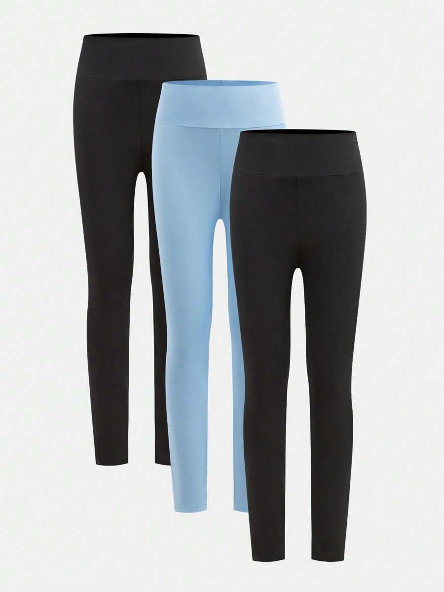 SHEIN 3pcs Set Tween Girls Slim Fit Solid Color Casual Comfort Leggings - Baby Blue - View 1