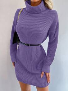 EURMUSE Solid Colored High Neck Drop Shoulder Sweater Dress Without Belt - Mauve Purple - View 4