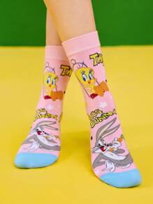 LOONEY TUNES X SHEIN 3 双柔软透气吸湿排汗休闲女士中筒袜，带有 Tweety & Sylvester 和时尚可爱的粉色和蓝色中筒袜，加固脚趾和脚跟，经久耐用，适合所有季节穿着 - 彩色 - 查看 8