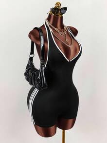 Amplova Color-Block Halter Backless Jumpsuit Jumpsuit For Summer - Black and White - View 4