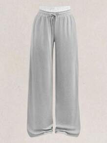 Girlism Pantalones de chándal holgados para adolescentes con remate de encaje y cintura elástica, pantalones casuales básicos lisos de color gris claro para la escuela, el hogar y el ocio