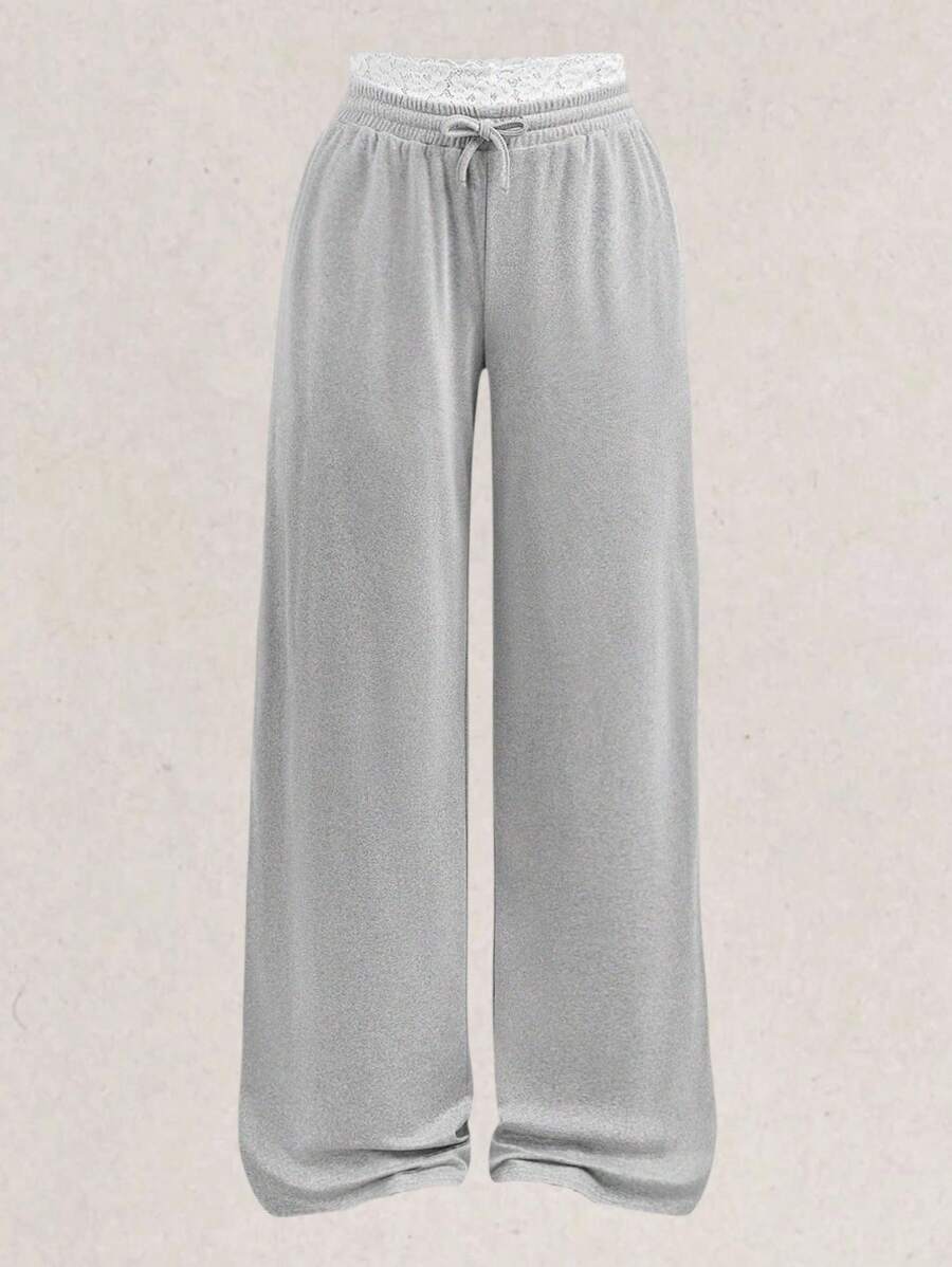 Girlism Pantalones de chándal holgados para adolescentes con remate de encaje y cintura elástica, pantalones casuales básicos lisos de color gris claro para la escuela, el hogar y el ocio