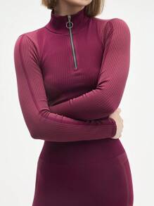 Gameset SHEIN Sport Women's Burgundy Seamless Long Sleeve Crop Top And Leggings Set,High-Waisted Workout Outfit For Fitness And Yoga - Red - View 3