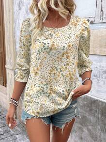 SHEIN LUNE 女式休闲碎花荷叶边袖衬衫，春夏 - 黃色 - 查看 6