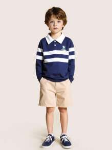 SHEIN Explorewe 年轻男孩时尚休闲翻领图案印花卫衣，适合日常休闲、学校郊游、春秋季、2025 年开学儿童校园风格和运动装 - 藏蓝色 - 查看 1
