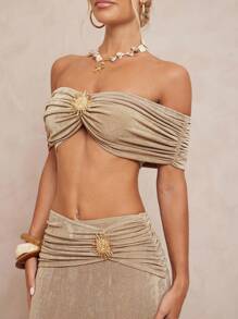 Lumalex 秋季假日派对装扮 老钱锐舞音乐节外出游泳度假优雅复活节波西米亚风海滩热门户外层次丰富的婚礼季宴会成人礼海滩海边金属装饰褶皱露肩短款上衣和裙子性感两件套女士米金色阳光两件套沙滩两件套 - 駝色 - 查看 7