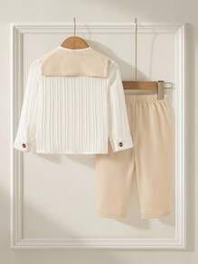 Souflis Souflis 秋季新款男宝宝绅士套装3件套：波浪纹理面料立领衬衫、直筒裤和围巾，休闲时尚 - 白色 - 查看 3