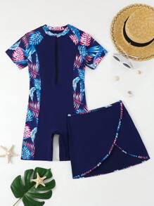 SHEIN 少女夏季海滩度假拼布热带印花连体泳衣（带罩衫和裙子） - 藏蓝色 - 查看 2