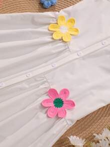 SHEIN 女童针织花卉翻领无袖开衫连衣裙，休闲夏装 - 白色 - 查看 3