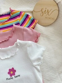 Baby Girl Casual Summer Colorful Striped & Flower Pattern Short Sleeve Top 3pcs Outfit Set - Multicolor - View 3