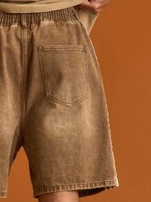 Musero 条纹弹力腰带水洗牛仔短裤，春夏假日休闲装 - 棕色 - 查看 5