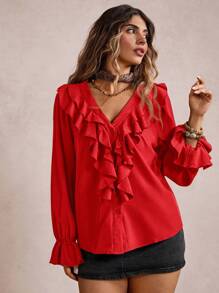 Freevana 大码女式休闲荷叶边V领长袖纯色衬衫