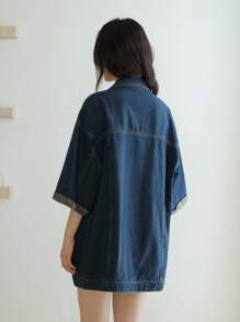SHEIN Unity Áo khoác denim rộng rãi, giặt thường ngày cho nữ, Áo khoác denim nữ cho giáo viên, Áo khoác nữ cho giáo viên, Áo khoác mùa thu cho trường học - Rửa trung bình - Xem 2