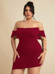 SHEIN BAE 大码女式黑色褶皱下摆荷叶边系带腰部网眼针织露肩弹力休闲迷你连衣裙，适合日常穿着、郊游、约会、下午茶、度假、春夏季、返校季，女士正装 - 酒紅色 - 查看 5