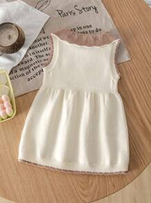 Baby Girls' Casual Summer Colorblock Bow Decor Cute Sweater Dress - Apricot - View 2
