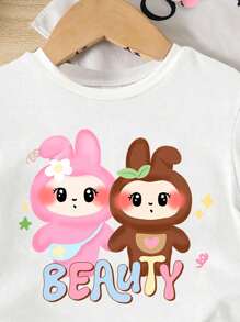 2pcs Baby Girls Beauty Cartoon Print Round Neck Short Sleeve T-Shirt & Tie Dye Knit Leggings Summer Outfit Set Infant Summer Clothes Set Casual Baby Clothes - Multicolor - View 4